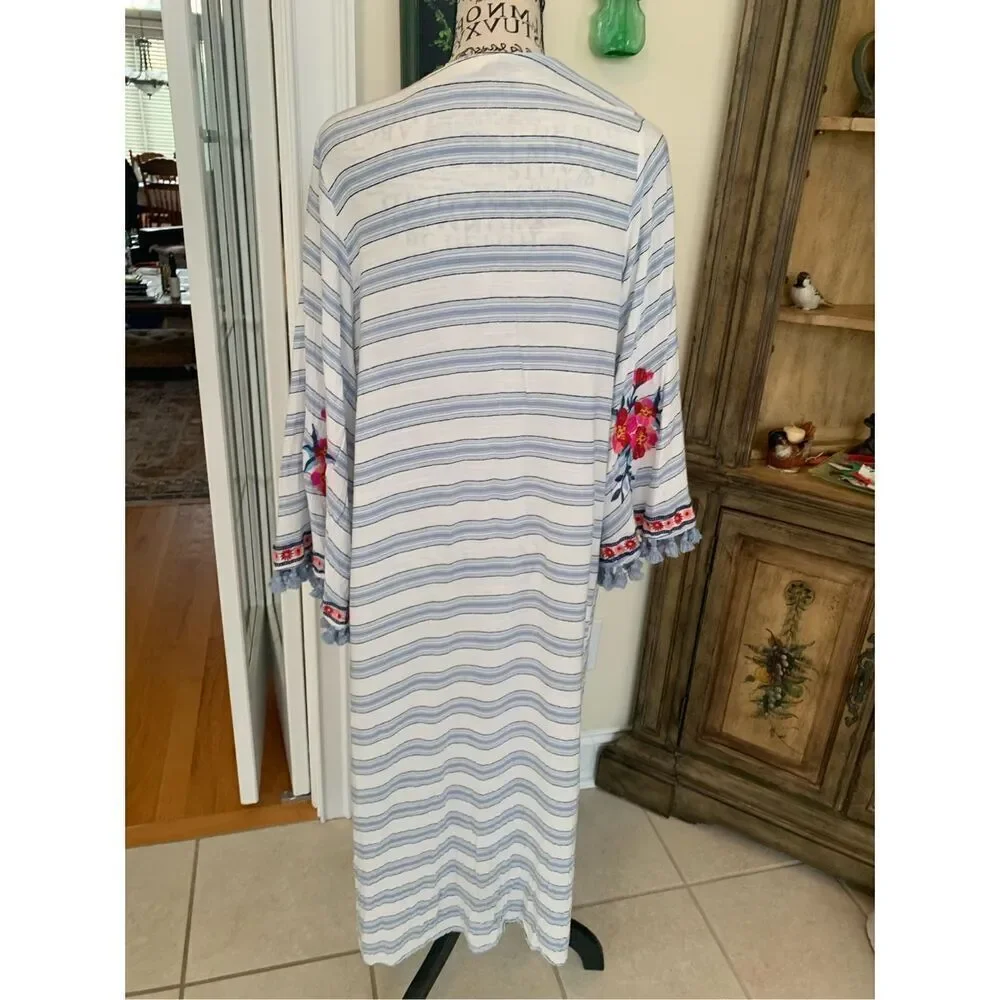 Altar'd State Blue Striped Embroidered Floral Boho Kimono Duster Cardigan